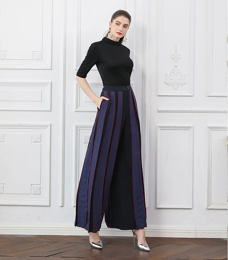 VOA тяжелый шелк полоски контрастного цвета Широкие штаны Для женщин осень длинные брюки Модные Высокая Талия Свободные Большой Размеры