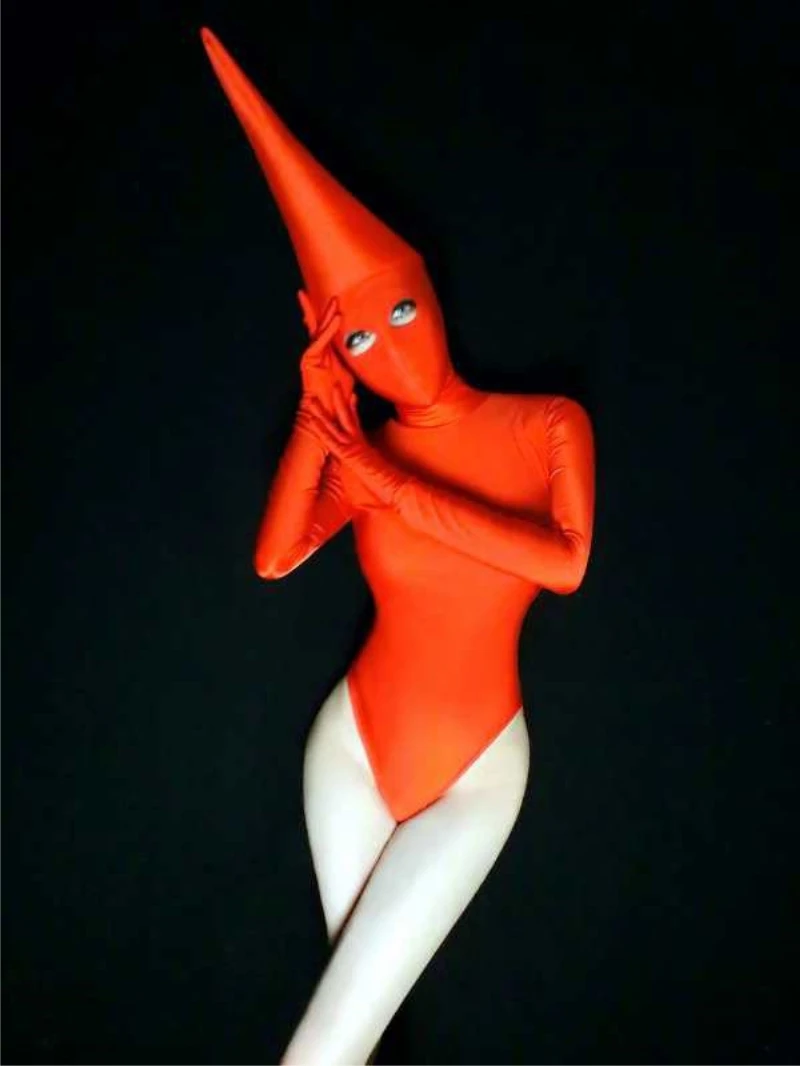 Красная остроконечная шляпа стрейч обтягивающее боди сексуальный ночной клуб Хэллоуин DJ певица танцевальные команды костюм Ролевые игры сцена Одежда