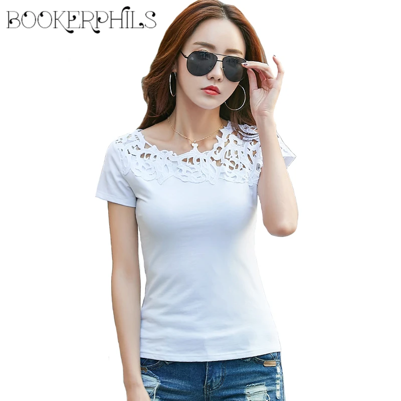 

2019 Fashion Lace Hollow Out Patchwork Female T-shirt Summer Slim all-match Bottoming Shirt Casual Ladies Tops Tees 95% Cotton