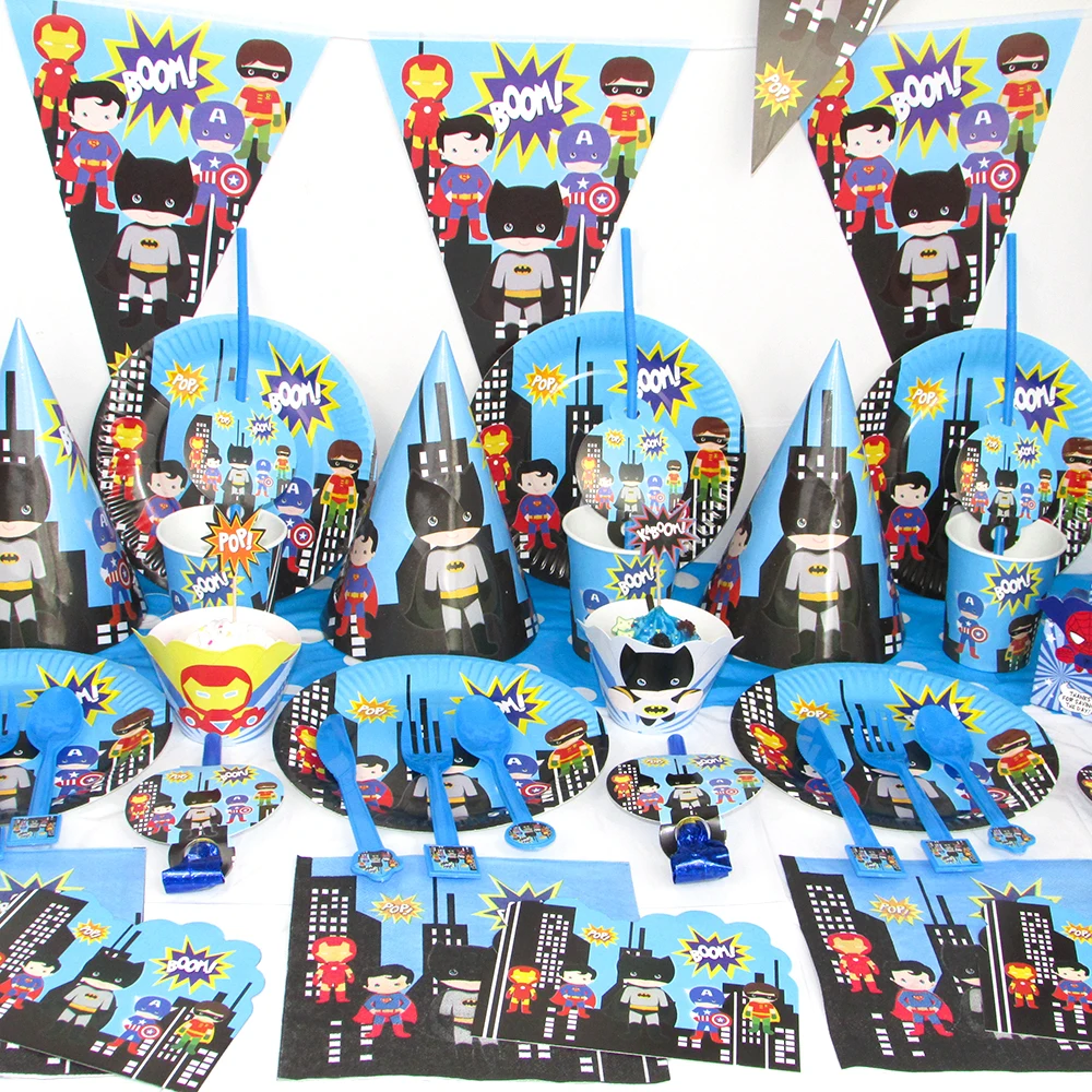 The Avengers Birthday Party Decorations Kids Batman Super Hero Party Supplies Tableware Set Plates Banner Balloons Candy Boxes