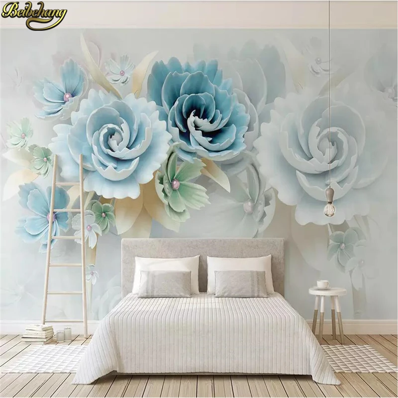 beibehang Custom 3D Photo Mural Wallpaper For living room Mural Bedroom Embossed blue flowers photo murals Wall paper Painting