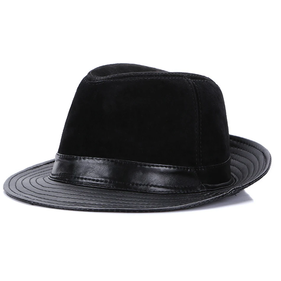 BUTTERMERE Fedoras мужские кожаные Трилби шляпы коричневые Btitish винтажные джазовые кепки мужские лоскутные из натуральной кожи джентльменская фетровая шляпа - Цвет: black hat 2