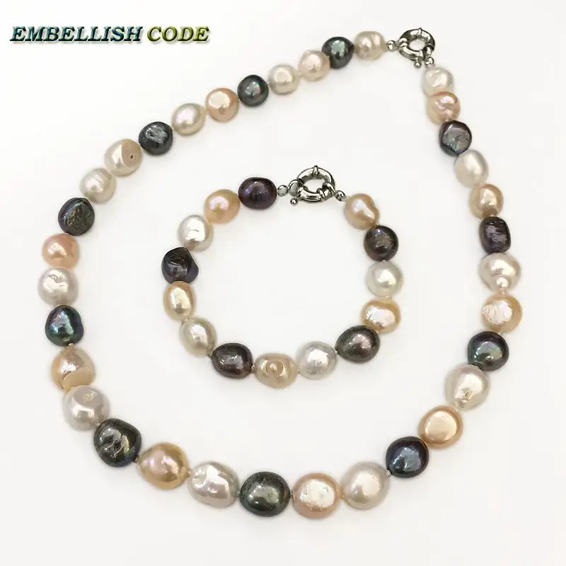 

Elegant baroque irregular rice shape necklace bracelet pearl set white peach black blue Peacock mixed color real pearls gift