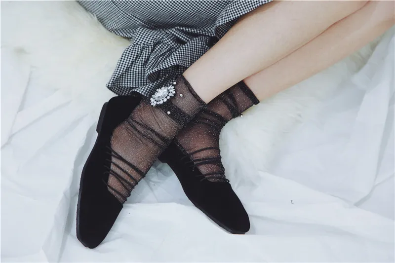 Европейский стиль, Блестящие Блестки, драгоценные камни, блестящие носки, женские кружевные прозрачные носки ручной работы, шелковая