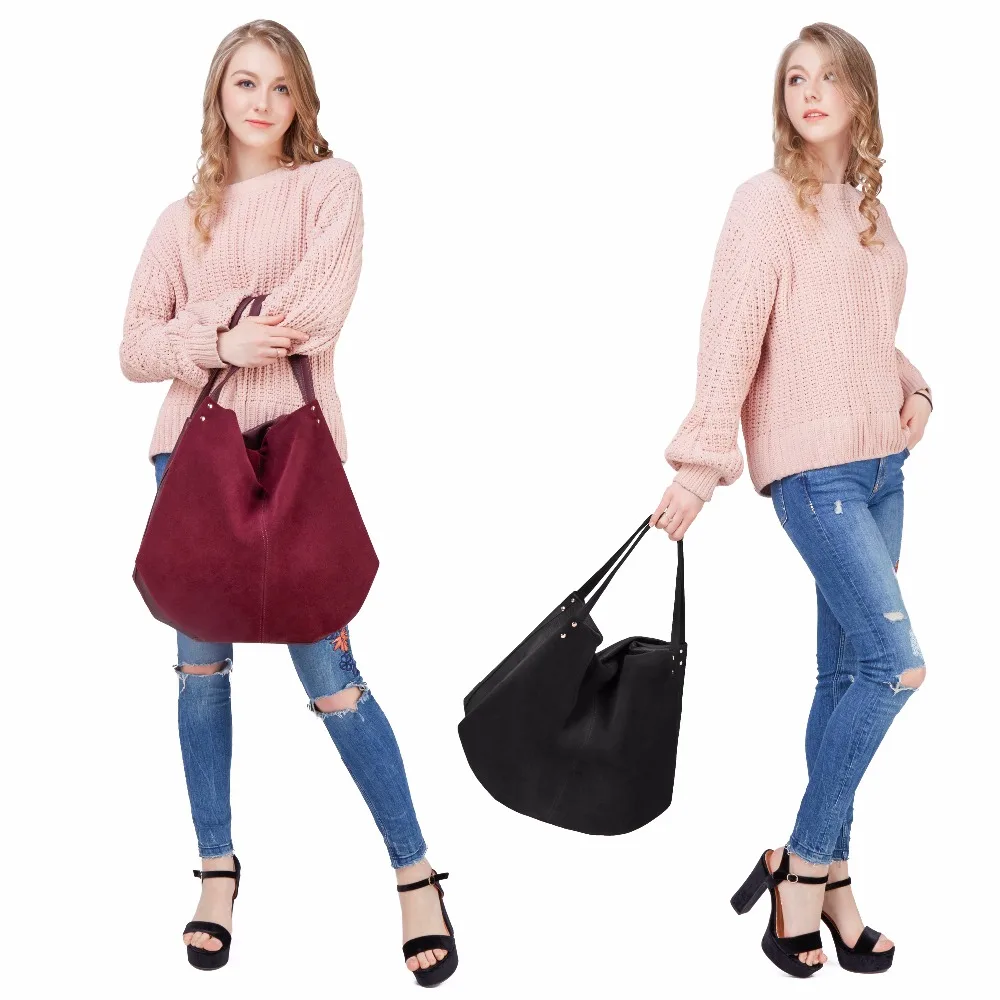 Goedkoop Nieuwe Vrouwen Real Split Suede Lederen Hobos Bag Designer Vrouwelijke Leisure Grote Schoudertassen Effen Kleur Reizen Toevallige Handtas
