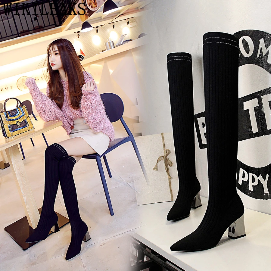 

knitting socks boots shoes thigh high boots Thick heel bigtree shoes overknee boots chaussures femme cuissardes femme chaussure