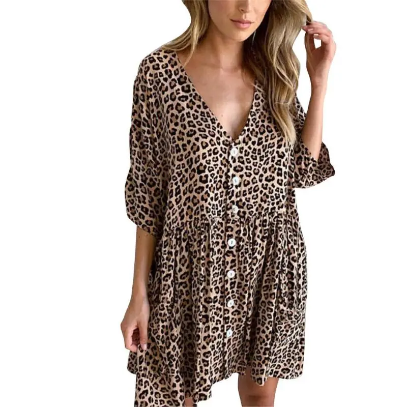 

New Women Ladies Leopard Print V Neck Button Sundress Holiday Loose Mini Tunic Dress