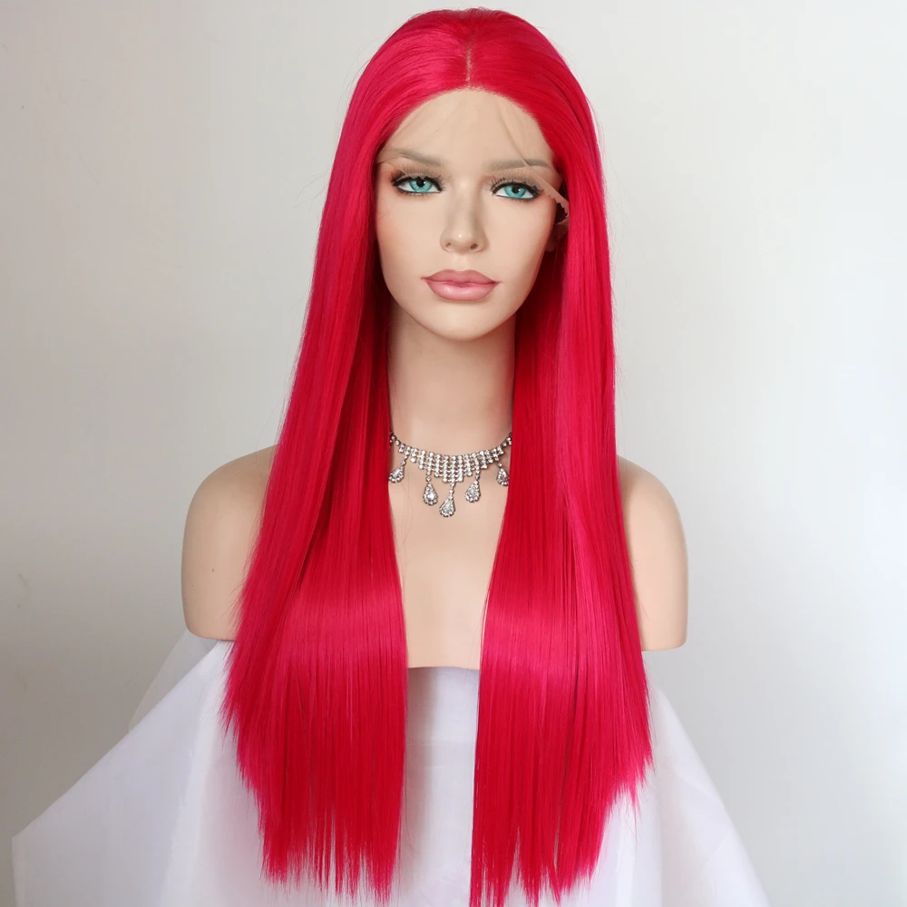 Lvcheryl натуральные длинные шелковистые прямые розовые красные цвета термостойкие синтетические парики на кружеве Косплей вечерние парики для макияжа - Цвет: K-Красный