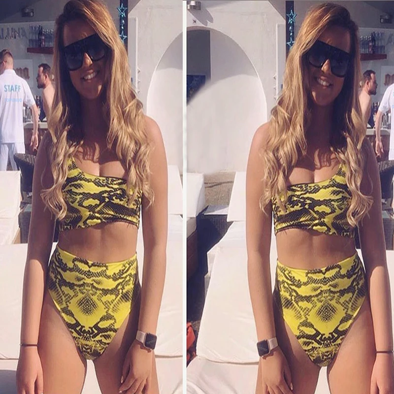 

2019 Swimsuit Women Push Up Bikini Swimwear High Waisted Snake Print Bikinis Swimming Suit One Shoulder Bikini With Headband