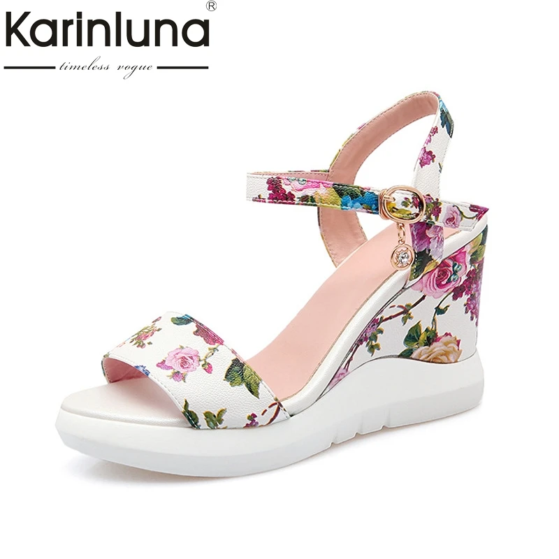 

Karinluna Women's Flower Print Ankle Strap High Heel Wedge Summer Shoes Woman 2018 Open Toe Platform Sandals Big Size 33-42