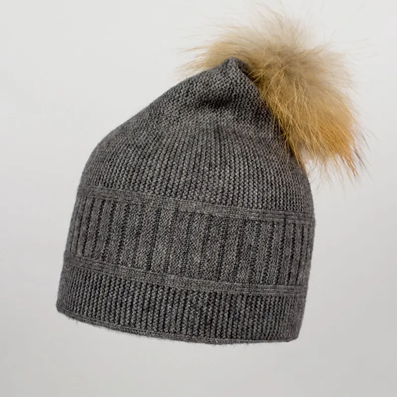 Pudi женская зимняя теплая вязаная шапка, кепка, бини мяч из натурального меха енота hk702 - Цвет: grey 705
