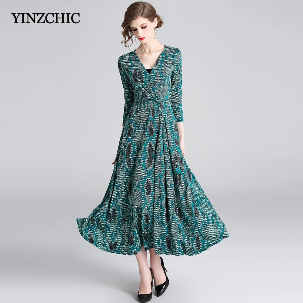 

Spring New Womans Print Dress V-neck Female A-line Dresses Elegant OL Party Dress Slime Ladies Summer Dress
