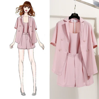 

Korean Style Women Sets Clothes Turn-down Collar Double Breasted Tops Solid Shorts Casual 3 Piece Set Women Small Fragrance