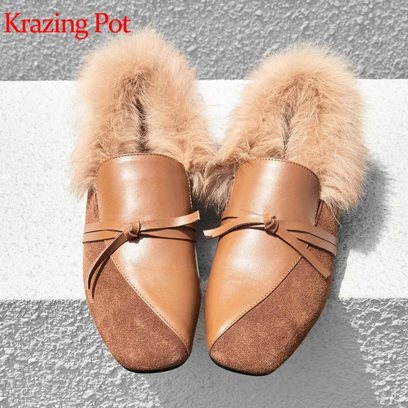 

Krazing Pot genuine leather cow suede rabbit fur runway outside slipper winter keep warm butterfly-knot high quality shoes l47