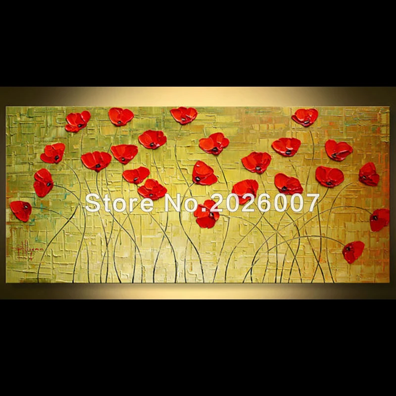 

Hand Painted Landscape Palette Knife Green Red Poppy Flower Oil Painting On Canvas Modern Home Decoration Living Room Wall Fine