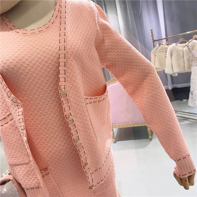 ALPHALMODA Autumn Winter Elegant Knitted Cardigans+ Short-sleeved Knit Dress Women OL Casual Suits