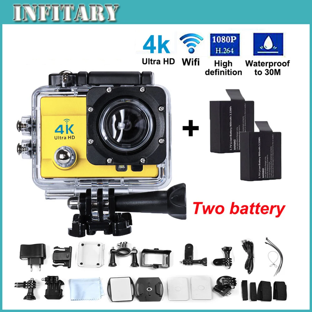  Action Camera 4K Ultra HD WIFI Sport Camera 2.0 Inch 16MP 170 Wide Angle Lens 30M Waterproof Sports HD DV Cam + Two Battery 