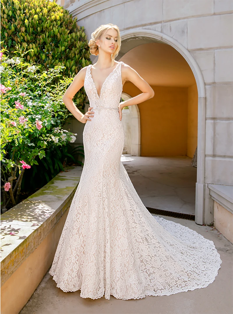 

Sexy Lace Mermaid Wedding Dress Floor Length Boho V-neck Sleeveless Bride Dresses Vestido De Novia Wedding Gowns Robe De Mariee