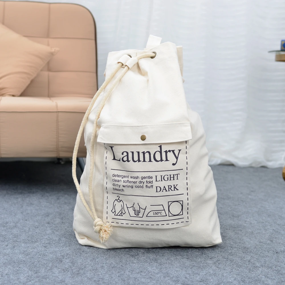 

Large Dirty Clothes Storage Bag Drawstring Cotton Canvas Laundry Bag with Adjustable Shoulder Strap for Home Laundromat Travel