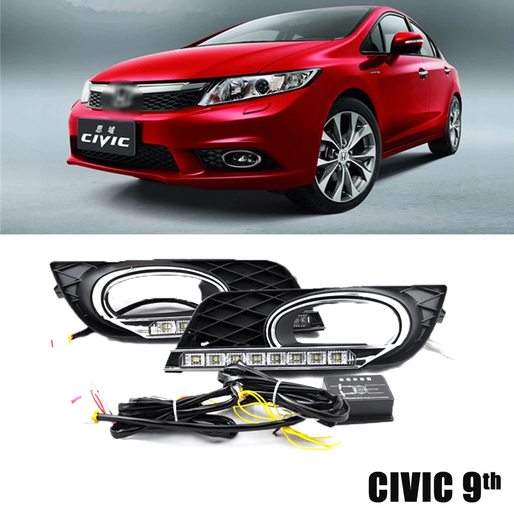 

ECAHAYAKU Car LED Daytime Running Lights DRL Turning Signal style Relay 12V with Fog Lamp Covers For Honda Civic 9th 2012 2013