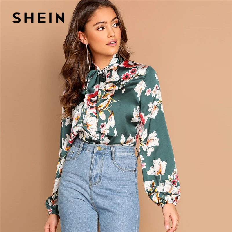 

SHEIN Green Tie Neck Floral Stand Collar Long Sleeve Blouse Modern Lady 2019 Spring Women Streetwear Autumn Minimalist Blouse