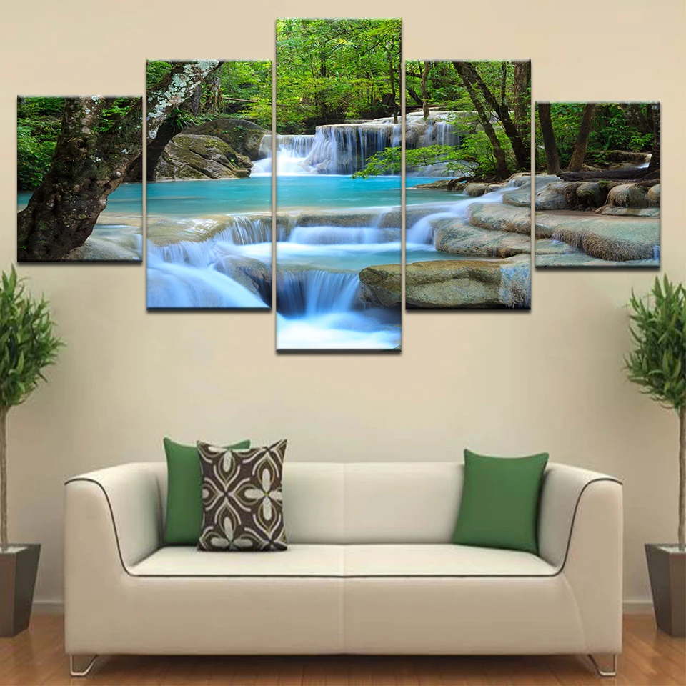 

Large Canvas Wall Art Waterfall Painting Feng Shui Decorating 5 Panel HD Print For home living room decoration