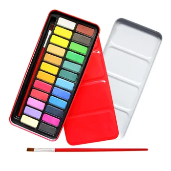 

24 Colors Watercolor Paints Set Portable Travel Solid Pigment With Water Color Painting Brush Pen Box Art Supplies Stationery