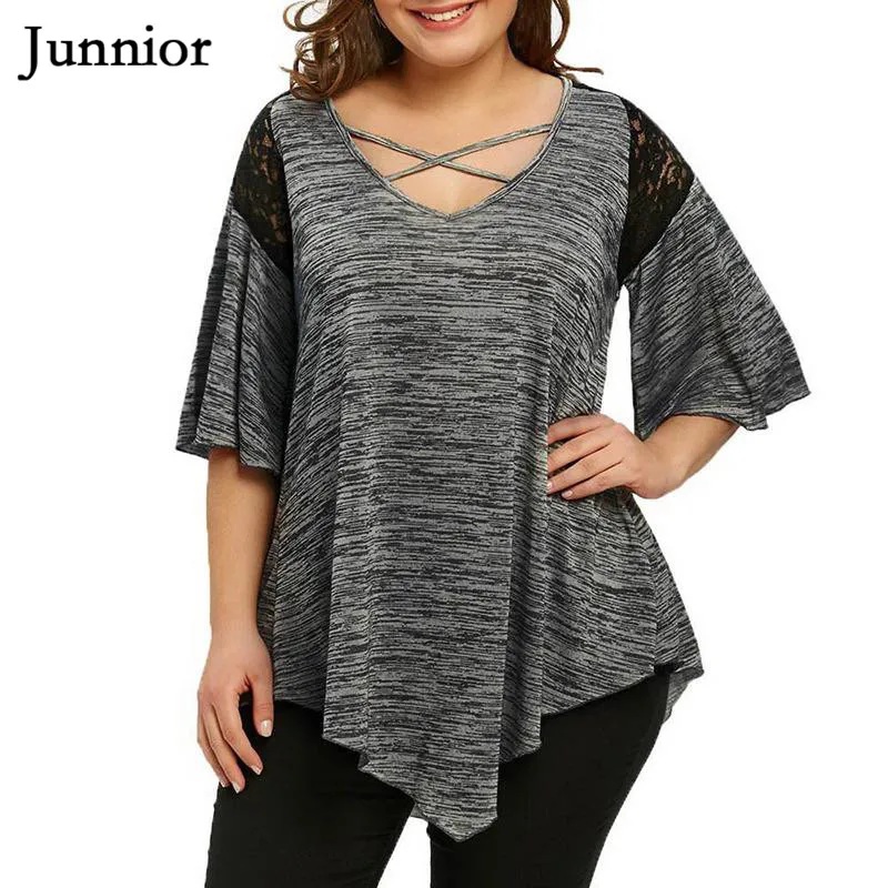 

Junnior Summer Patchwork Lace Tops for Women Bandage Flare Sleeve Tshirts Female Casual V-neck Loose T-shirt Asymmetrical Tees