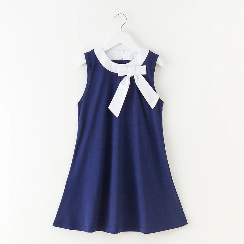 

girls clothes summer dress 2018 blue sleeveless cotton bow casual knee-length baby dress for 3-12 years teenage clothes