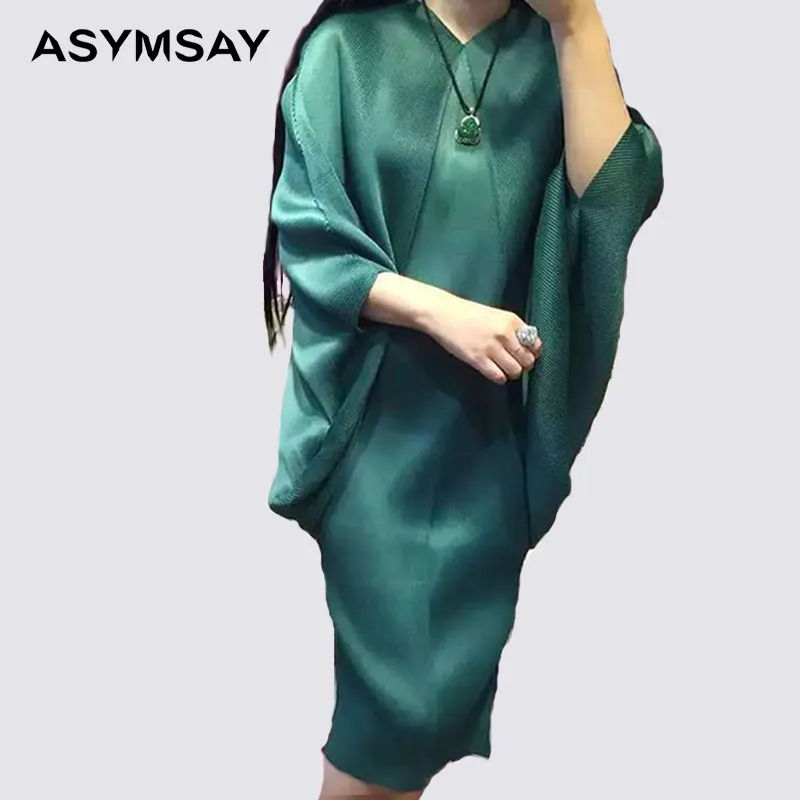 

Summer V-neck bat sleeve asymmetrical pleated lady stretch loose women dresses irregular black red pink dresses