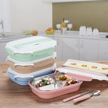 

Wheat Straw 304 Stainless Steel Bento Box Compartments Microwave Lunch Boxes Japanese Style Food Container For Picnic Camping