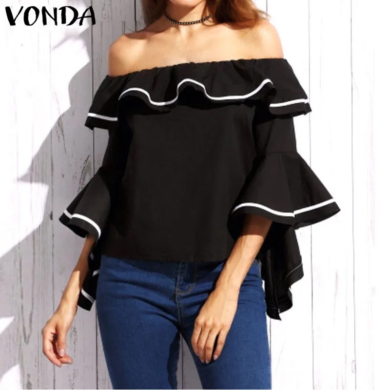 

VONDA Maternity Clothings 2019 Summer Spring Pregnant Women Blouses Shirts Sexy Slash Neck Off Shoulder Flare Sleeve Casual Top