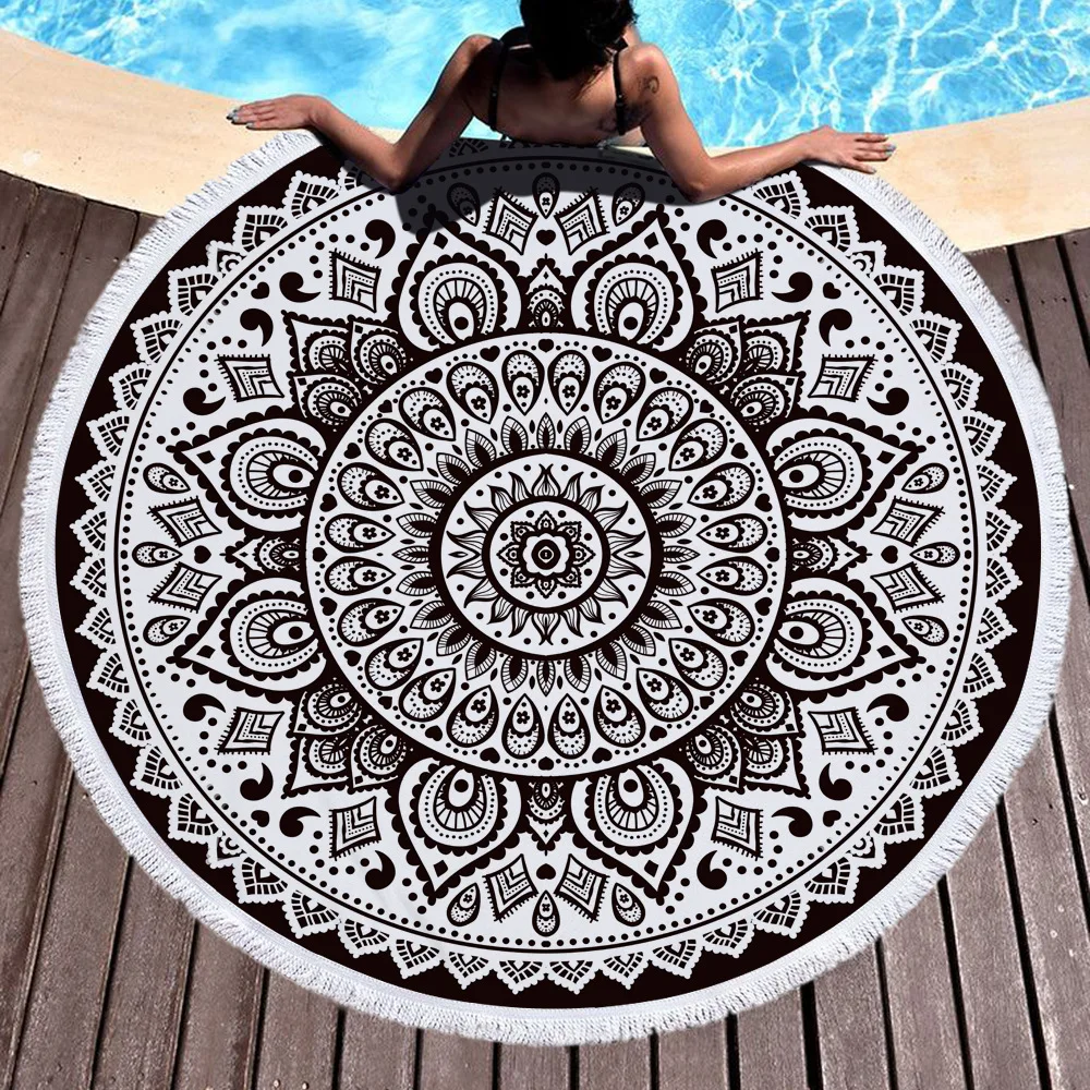 Floral Tassel Yoga Mat Round Blanket Beach Cooling Towel Round Beach Microfiber Towel SD90 (5)