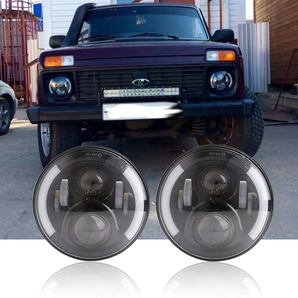 

2pcs 7Inch LED Headlamps with Halo Ring Amber Turn Signal For lada niva 4x4 suzuki samurai 7" DRL Halo Headlights For VAZ 2101