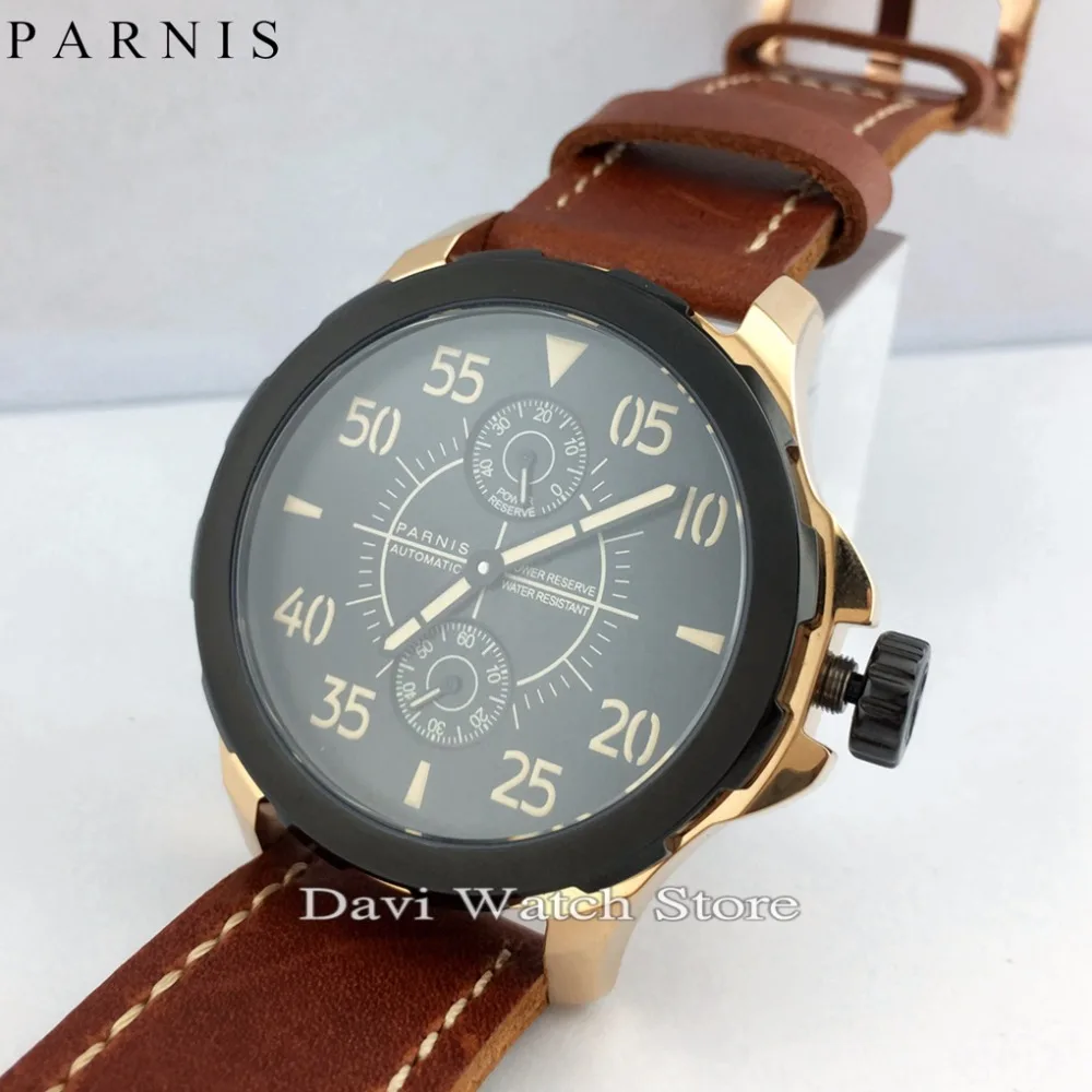 44 мм Parnis желтые Gold Case светящиеся стрелки циферблат кожаный ремешок Мощность резерва мужские наручные часы