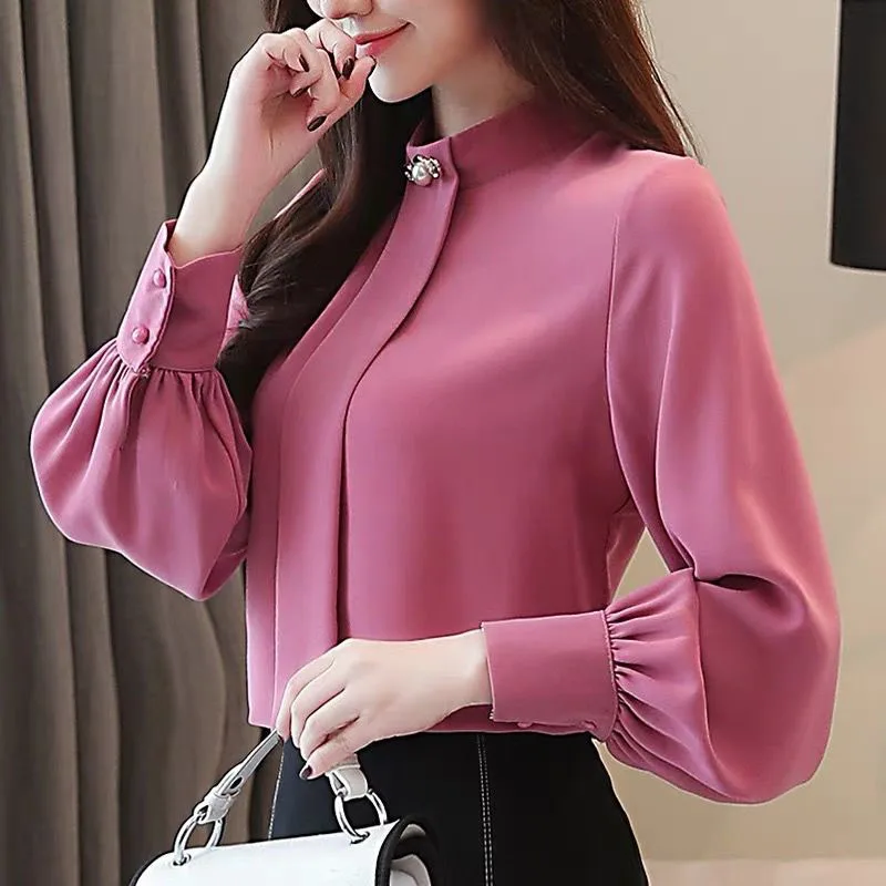 

Spring Autumn New Korean Chiffon Shirt White OL Shirts Stand Collar Long Sleeve Blusas Womens Tops and Blouses Pink White DD2424
