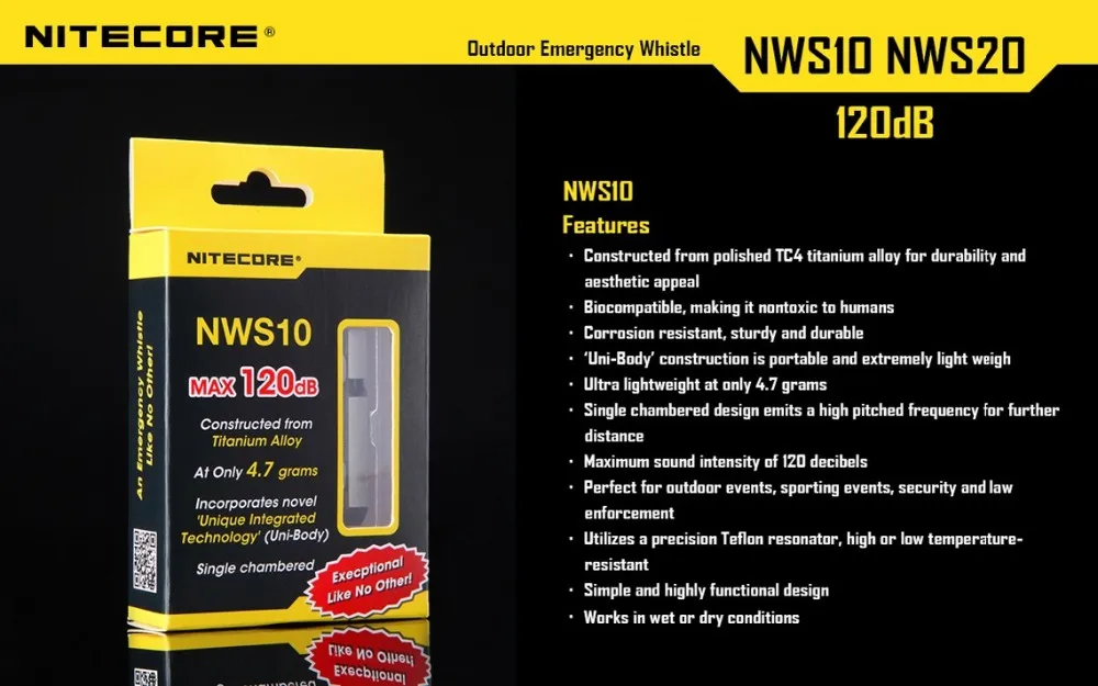 NITECORE 120 дБ Открытый аварийный спасательный свисток NWS10 титановый сплав наружные портативные аксессуары для освещения