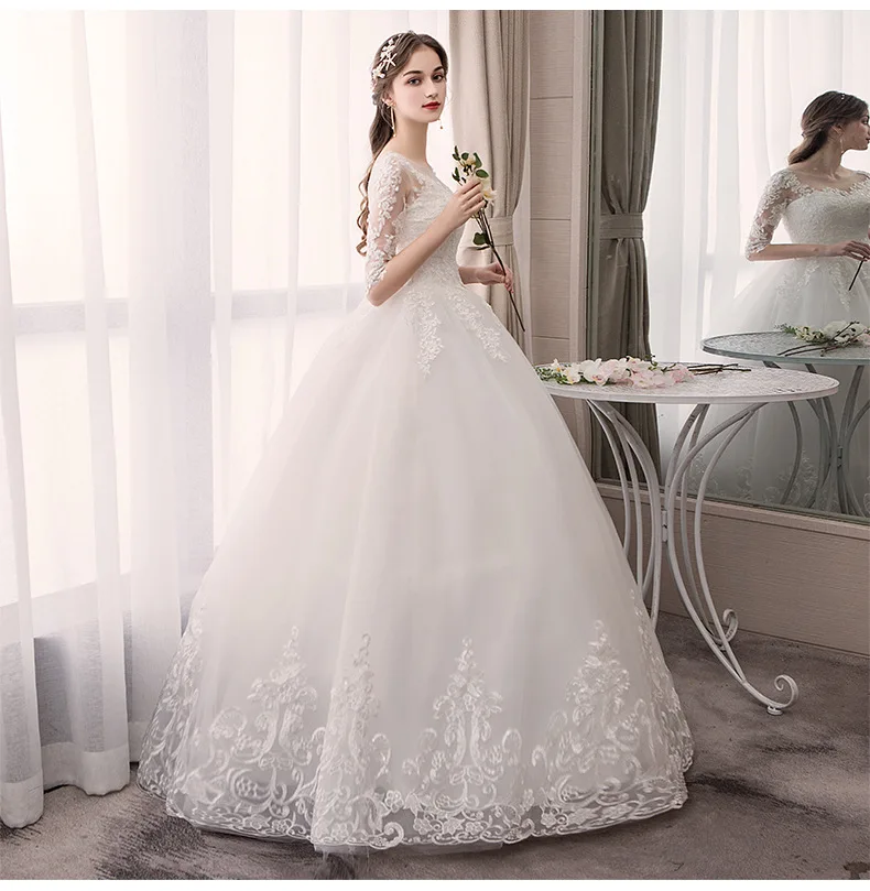 EZKUNTZA O Neck Half Sleeve Wedding Dress Fashion Slim Lace Embroidery Lace Up Plus Size Custom Made Wedding Gown Robe De Mariee ball gown wedding dress