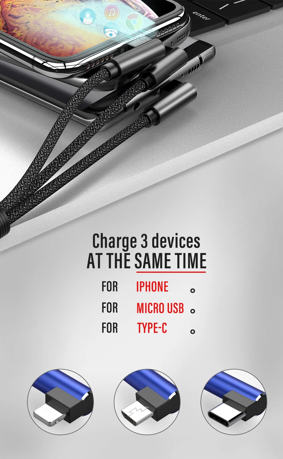 !ACCEZZ 3 in 1 L Shape Charging Cable Lighting For iPhone 8 7 Plus Micro USB Type-C For Xiaomi Samsung S7 Universal Charger Line (2)