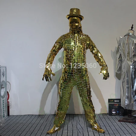 Комбинезон, зеркальная одежда, ослепительный модный костюм для мужчин и женщин, уличное искусство, Клубное шоу, вечерние, для сцены, танцовщицы, костюм робота - Цвет: Золотой