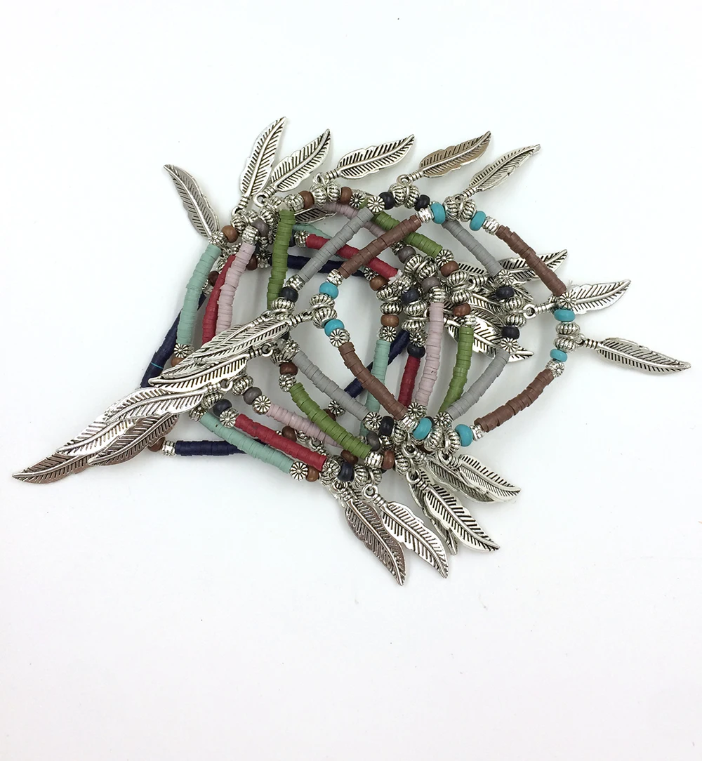 2017 New European Boho Jewelry Suppliers handcrafted bracelet Muticolor Polymer clay beaded bracelet tree of leaf charm bracelet