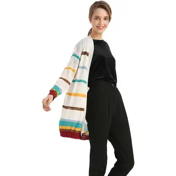 

Women Contrast Color Stripe Long Cardigan Elastic Cuff Lantern Bottom Cold Knitted Sweater Loose Cardigans Thin Coat Knitwear