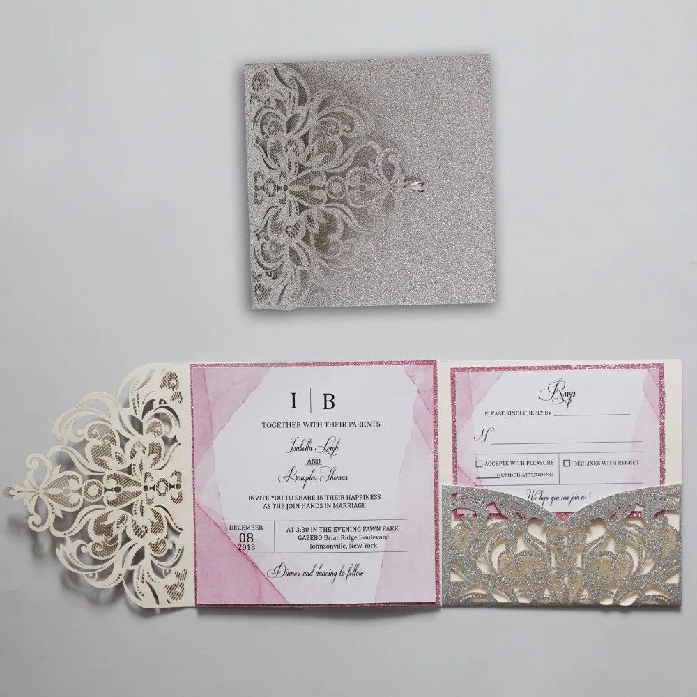 Silver Wedding  Invitation Set Elegant Wedding Invite Personalized Invitation Cards with Pink Liner