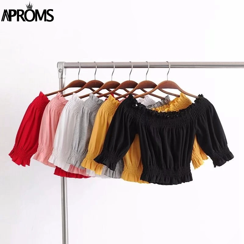 

Aproms Off Shoulder Crop Top Women Streetwear Fashion Basic Short Blouse Cool Girls Cropped Shirt Spring 2019 Elastic Bra Tees