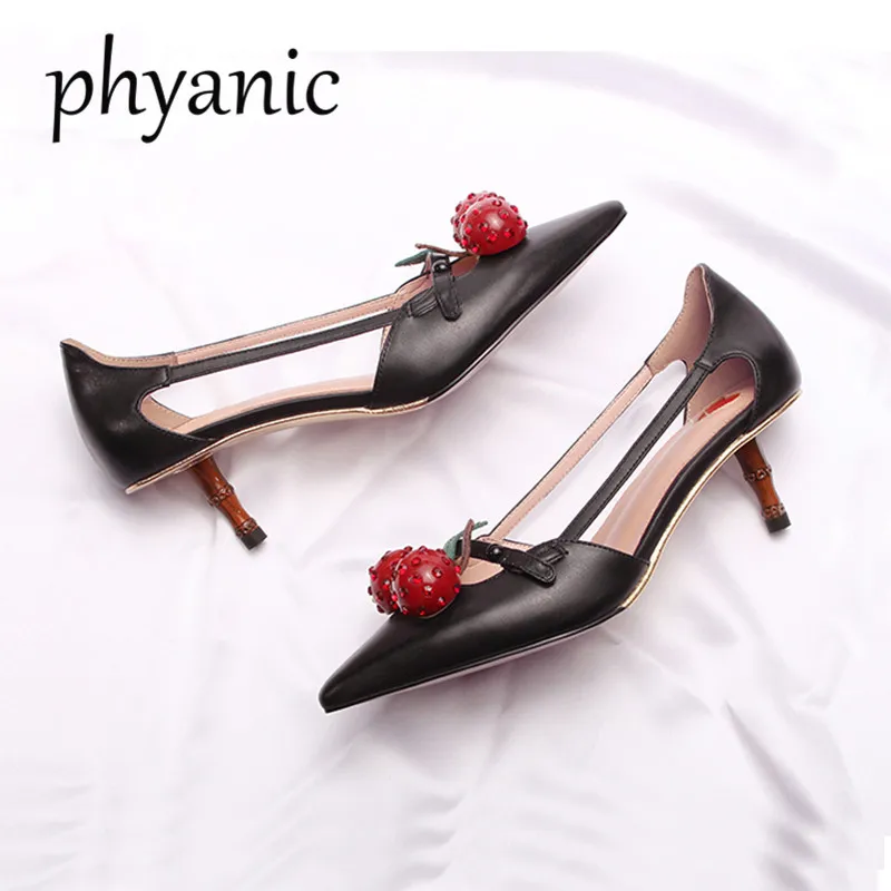 

Phyanic Brand 2018 Women Leather Cherry Pumps Med Heel Bamboo section Heels Slip On Spring Summer Pointed Toe Ladies Shoes