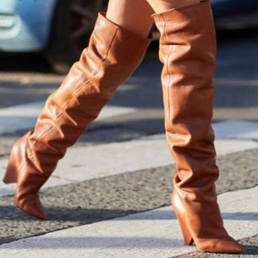 Брендовые зимние женские сапоги; Длинные теплые кожаные сапоги до бедра на меху; модные мотоциклетные сапоги выше колена; женская обувь на высоком каблуке