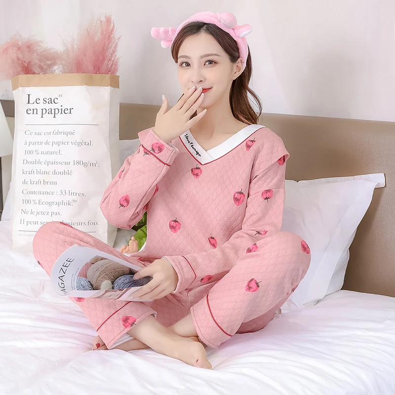 Pajamas for Pregnant Women Soft Nursing Breastfeeding clothing summer thick Pure cotton long sleeved clothes suit of Maternity