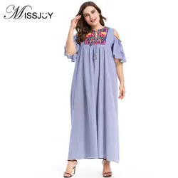 MISSJOY открытым Абаи мусульманских Женское Платье Flare Sleeve Cold Shoulder вышивка Повседневное свободные вечерние платье Макси Большой Размеры