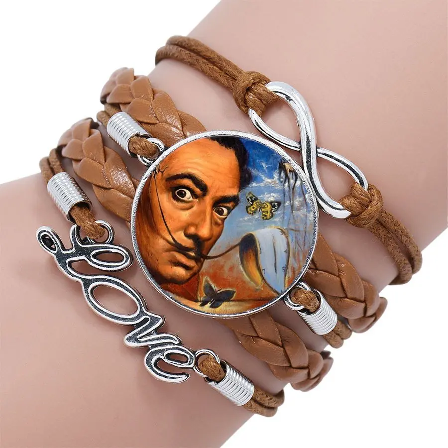 Salvador Dali для свадьбы модные стеклянные Многослойные черный/коричневый кожаный браслет ювелирные изделия - Окраска металла: as picture