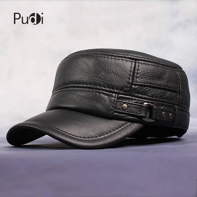  Pudi Cow Leather Flat Peak Baseball Cap&Hats for men winter warm army hat adjustable ear flat black